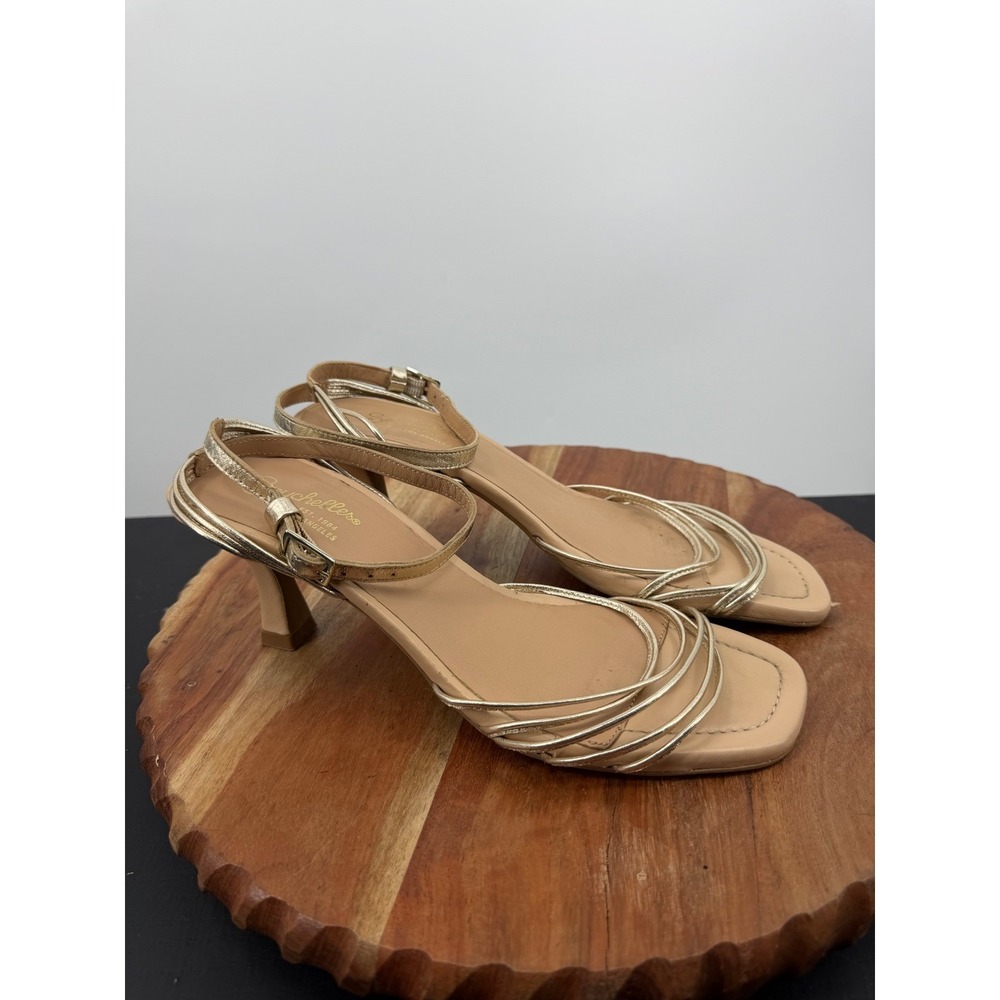 Seychelles starboard Strappy Sandals 8.5 Gold Tan Square Toe Kitten Heel Buckle - Picture 2 of 9